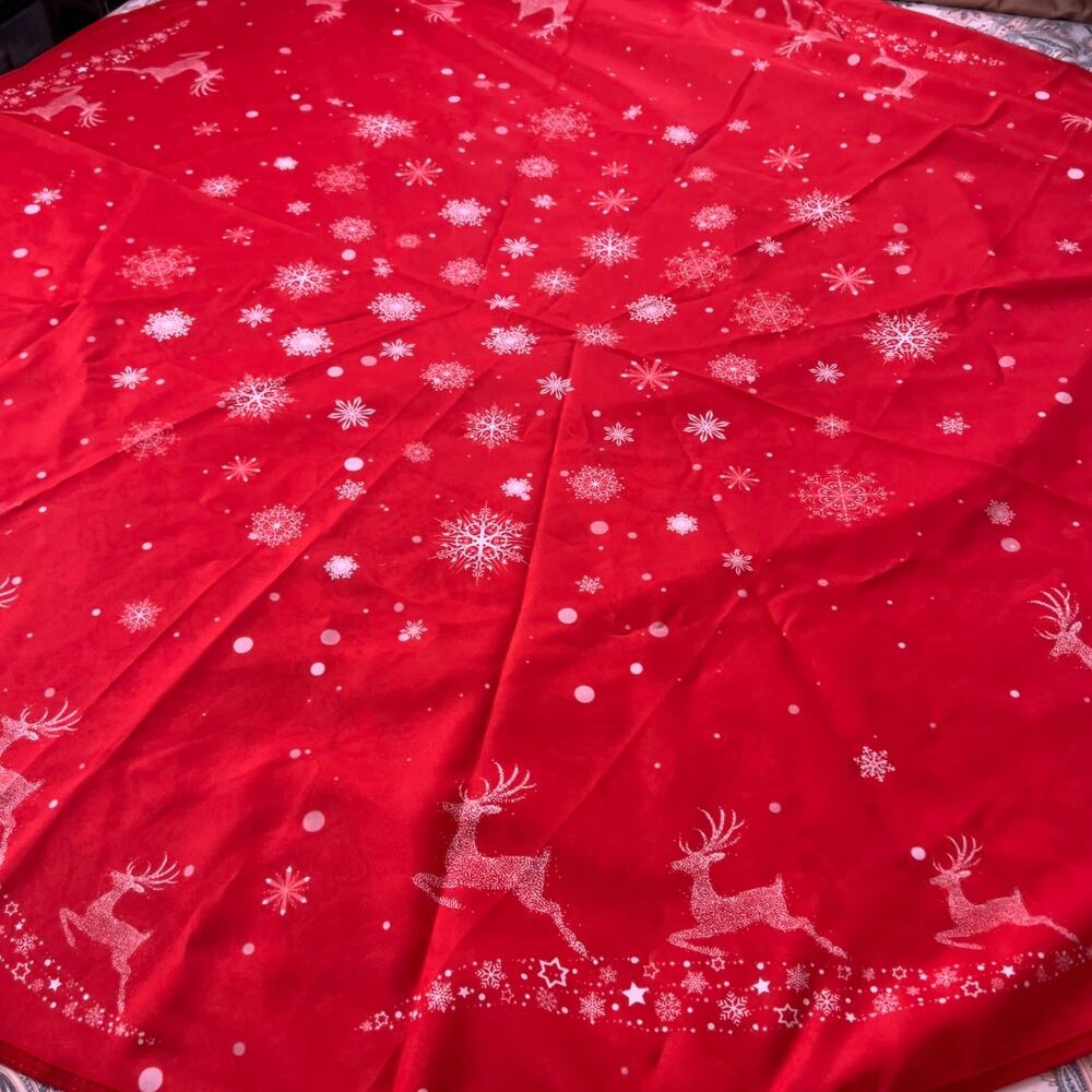 Christmas Reindeer Snowflake Round Red Tablecloth Global Recycled Standard 62"